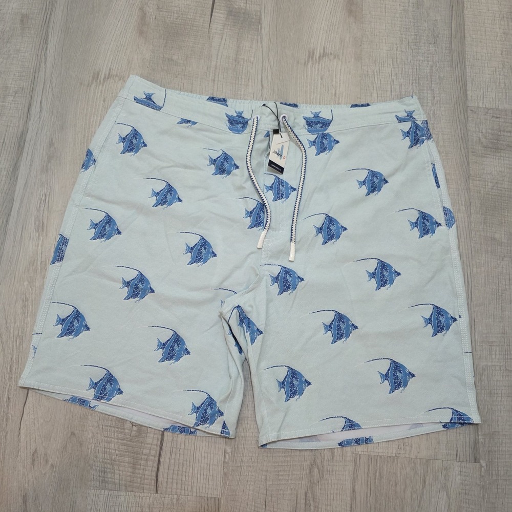 NWT johnnie-O Men's Swim Shorts XXL Light Blue Fish Print BoardShorts Drawstring